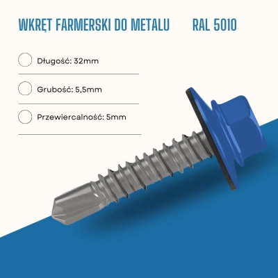 Wkręt farmerski do metalu 5,5x32 mm przewiercalność 5 mm w kolorze RAL 5010